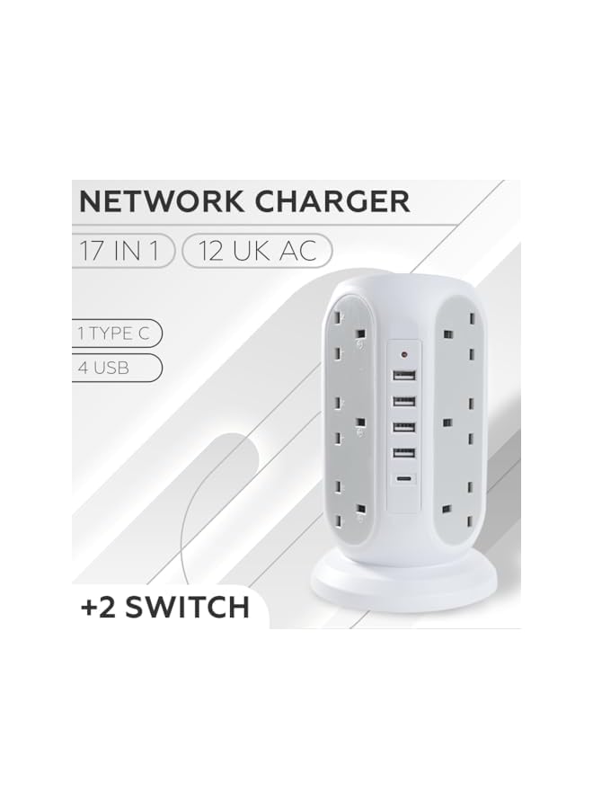 promass 4000W 3m Cord Extension Tower Strip 12 Outlets 4 USB A 1 Type C 2 Switch, Surge Protector Multi Extension Tower Lead Multiplug Socket, Extension Cord with Multiple Plug for Home Office (White) - Image 2