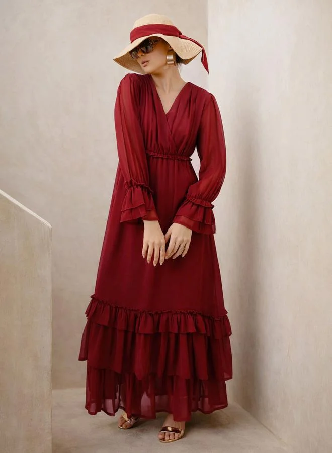 SASSAFRAS Maroon V-Neck Ruffled Hem Maxi Dress