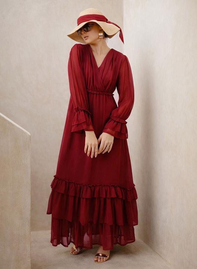 SASSAFRAS Maroon V-Neck Ruffled Hem Maxi Dress - Image 1