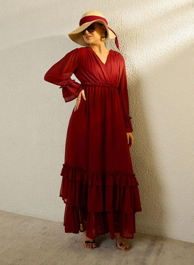 SASSAFRAS Maroon V-Neck Ruffled Hem Maxi Dress