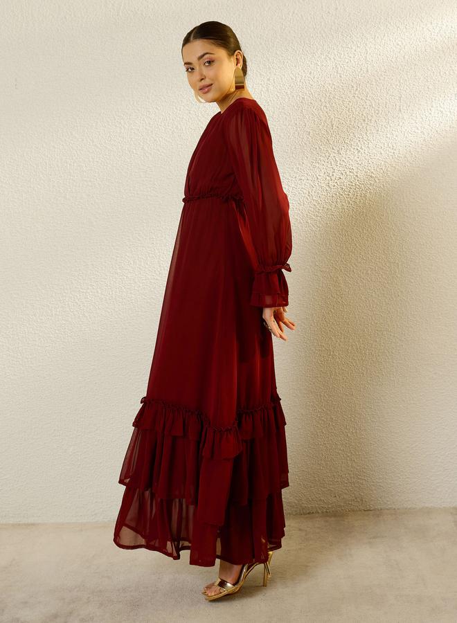 SASSAFRAS Maroon V-Neck Ruffled Hem Maxi Dress - Image 3