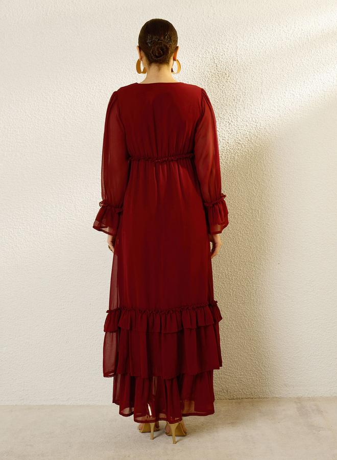 SASSAFRAS Maroon V-Neck Ruffled Hem Maxi Dress - Image 5