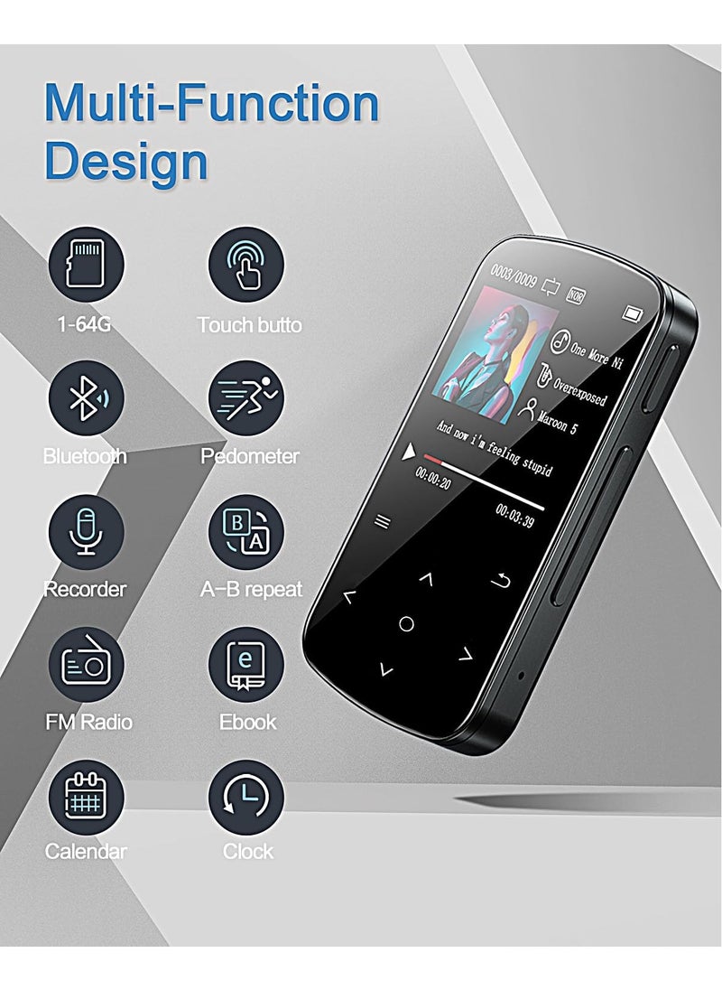 BENJIE MP3 Player 64GB with Bluetooth 5.2, 1.5 inch Colorful Screen Sensitive Touch Button, Hi-Fi Music MP3 Player with Clip Pedometer Voice Recorder Card Reader, Function for Sports Running  - Image 2