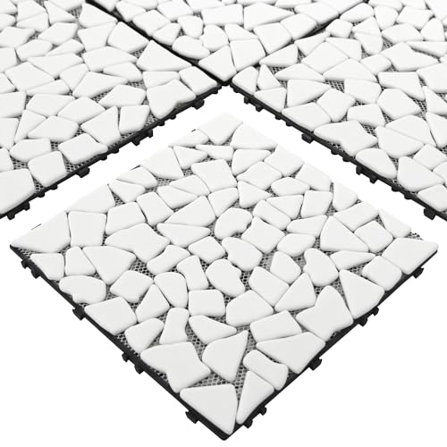 SUNWINGS 4PCS Natural Stone Interlocking Deck Tiles 12"x12" Pebble Waterproof Patio Deck, Outdoor Indoor Floor Decking Tiles for Porch Poolside Balcony Backyard, White - Image 1
