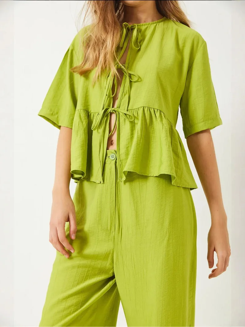 Bianco Lucci Lime Green LUCCI Textured Two-Piece Coord Set with Ruffle Detail for Women | Best Price UAE