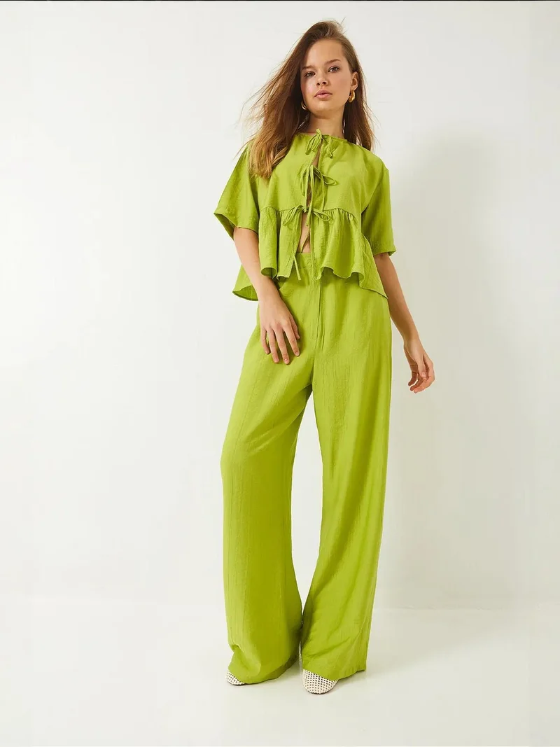 Bianco Lucci Lime Green LUCCI Textured Two-Piece Coord Set with Ruffle Detail for Women | Best Price UAE