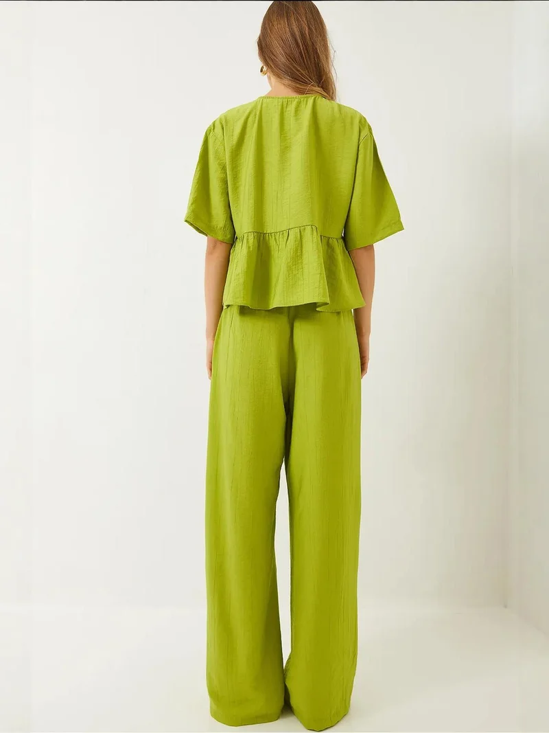 Bianco Lucci Lime Green LUCCI Textured Two-Piece Coord Set with Ruffle Detail for Women | Best Price UAE