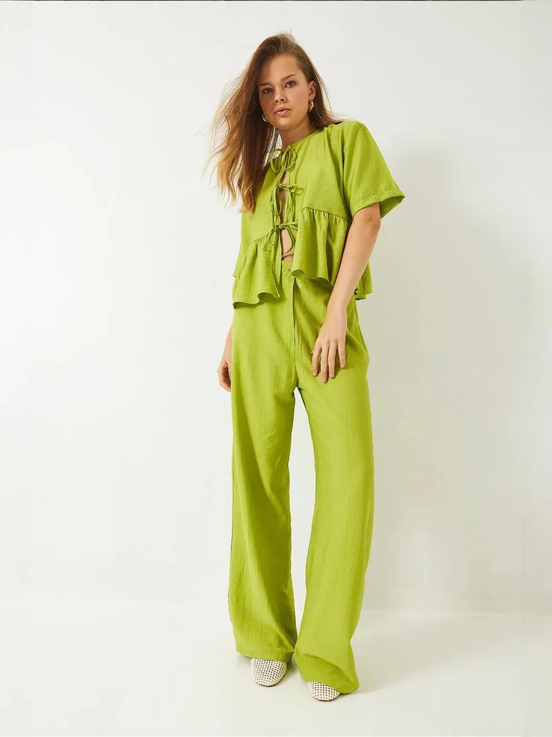 Bianco Lucci Lime Green LUCCI Textured Two-Piece Coord Set with Ruffle Detail for Women | Best Price UAE