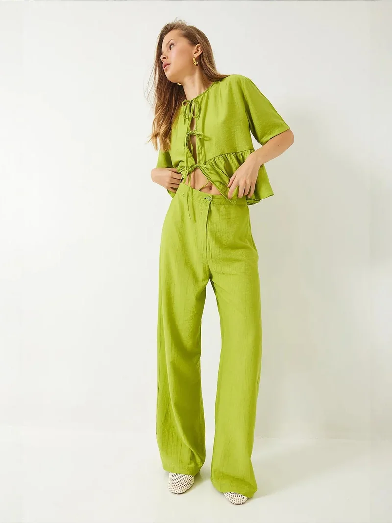 Bianco Lucci Lime Green LUCCI Textured Two-Piece Coord Set with Ruffle Detail for Women | Best Price UAE