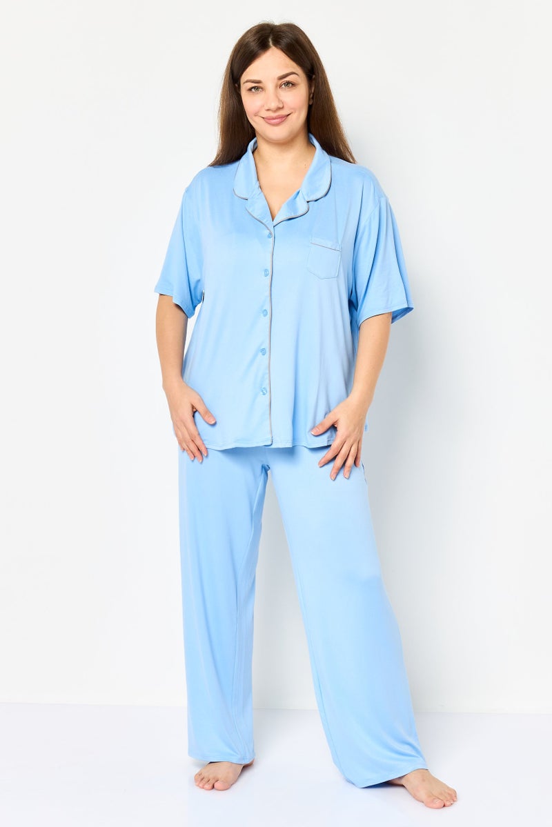 PJ Couture Women 2 Pieces Plain Print Top And Bottom Pajama Set, Blue - Image 1
