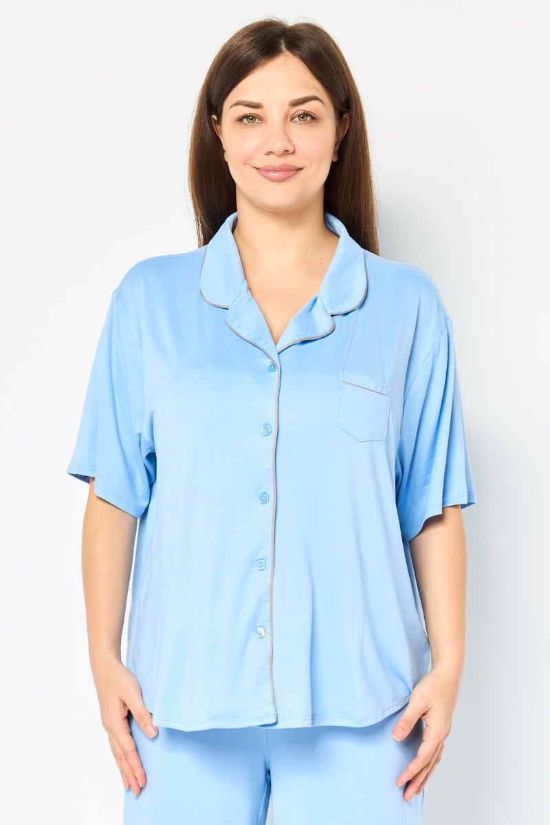 PJ Couture Women 2 Pieces Plain Print Top And Bottom Pajama Set, Blue - Image 2