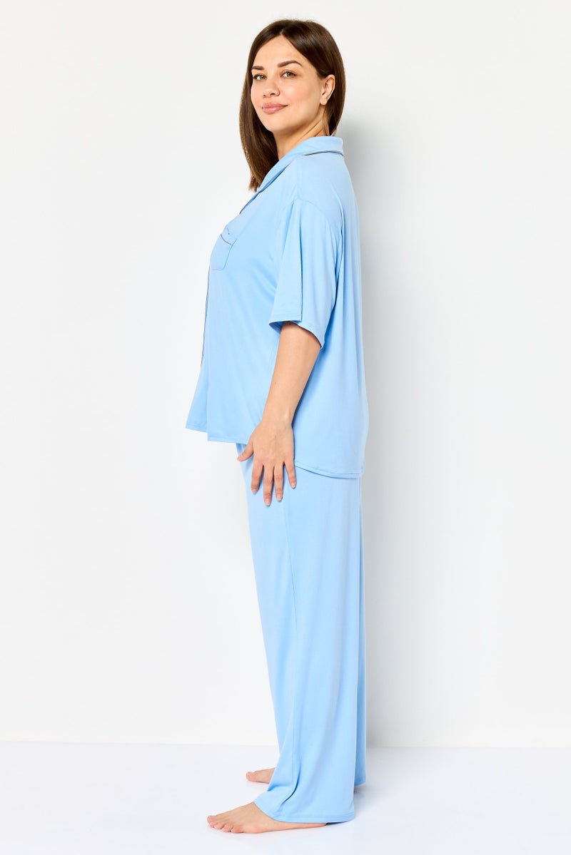 PJ Couture Women 2 Pieces Plain Print Top And Bottom Pajama Set, Blue - Image 3