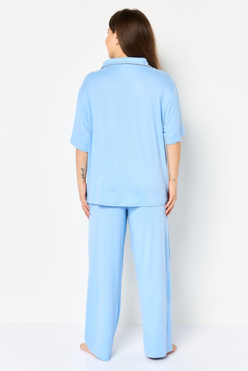 PJ Couture Women 2 Pieces Plain Print Top And Bottom Pajama Set, Blue - Image 4