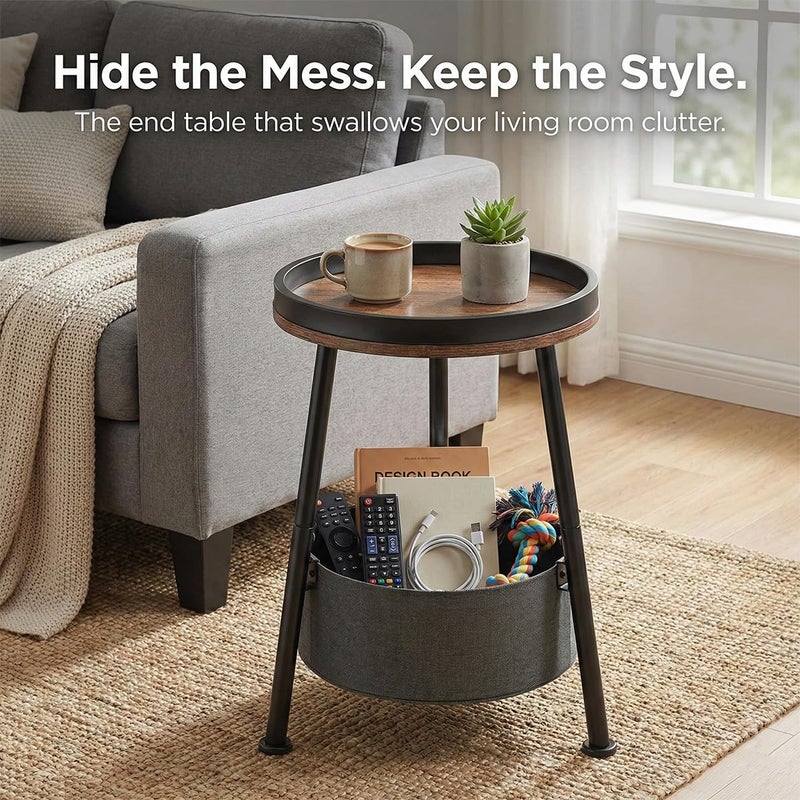 LEMONDA Small Round Side Table with Storage Basket, 11.8" Compact End Table with Tray Top & Fabric Bin, Rustic Wood Bedside Nightstand for Living Room, Bedroom, Small Spaces - Image 5