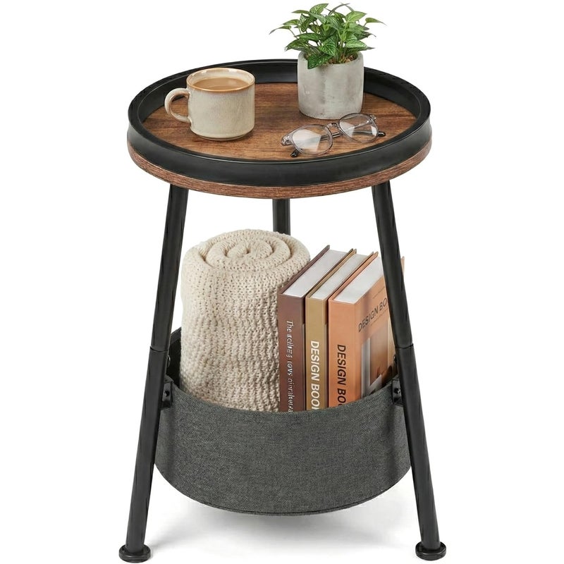 LEMONDA Small Round Side Table with Storage Basket, 11.8" Compact End Table with Tray Top & Fabric Bin, Rustic Wood Bedside Nightstand for Living Room, Bedroom, Small Spaces - Image 1