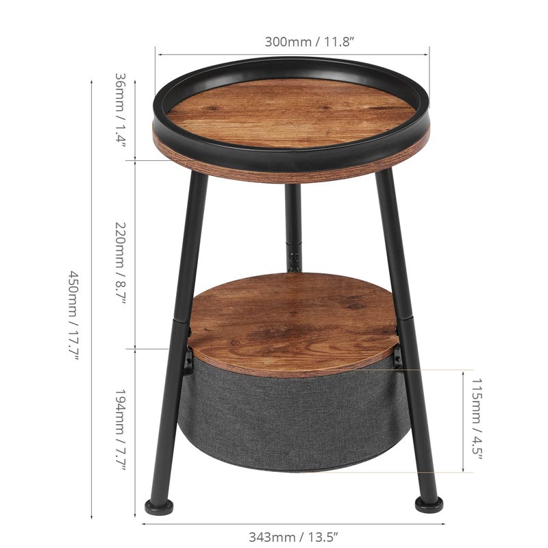 LEMONDA Small Round Side Table with Storage Basket, 11.8" Compact End Table with Tray Top & Fabric Bin, Rustic Wood Bedside Nightstand for Living Room, Bedroom, Small Spaces - Image 3