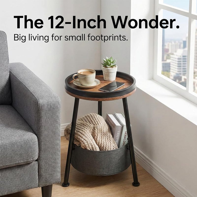 LEMONDA Small Round Side Table with Storage Basket, 11.8" Compact End Table with Tray Top & Fabric Bin, Rustic Wood Bedside Nightstand for Living Room, Bedroom, Small Spaces - Image 2