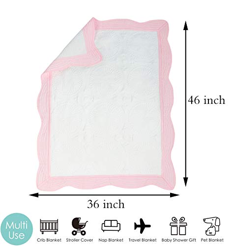 MONOBLANKS Baby Quilt Personlized Monogram Lightweight Embossed Scalloped Throw Blanket Four Seasons (White-Pink Trim) - Image 2
