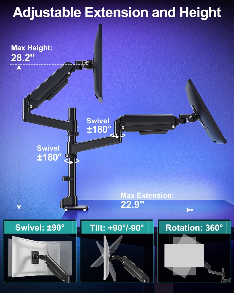 MOUNT PRO Dual Monitor Arm for Max 49" Ultrawide Screens up to 44 lbs, Heavy Duty Extra Tall Monitor Desk Mount, Vertical Stacked Adjustable Dual Monitor Mount, VESA Mount 75x75mm/100x100mm - Image 4