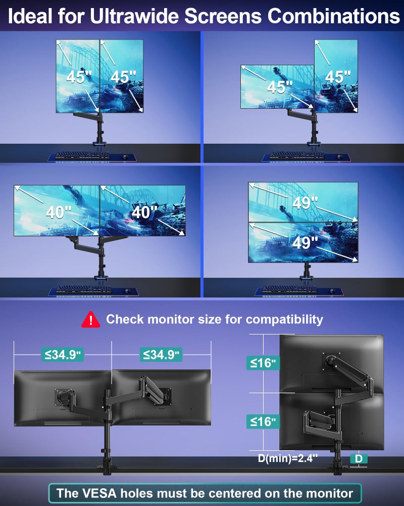 MOUNT PRO Dual Monitor Arm for Max 49" Ultrawide Screens up to 44 lbs, Heavy Duty Extra Tall Monitor Desk Mount, Vertical Stacked Adjustable Dual Monitor Mount, VESA Mount 75x75mm/100x100mm - Image 5