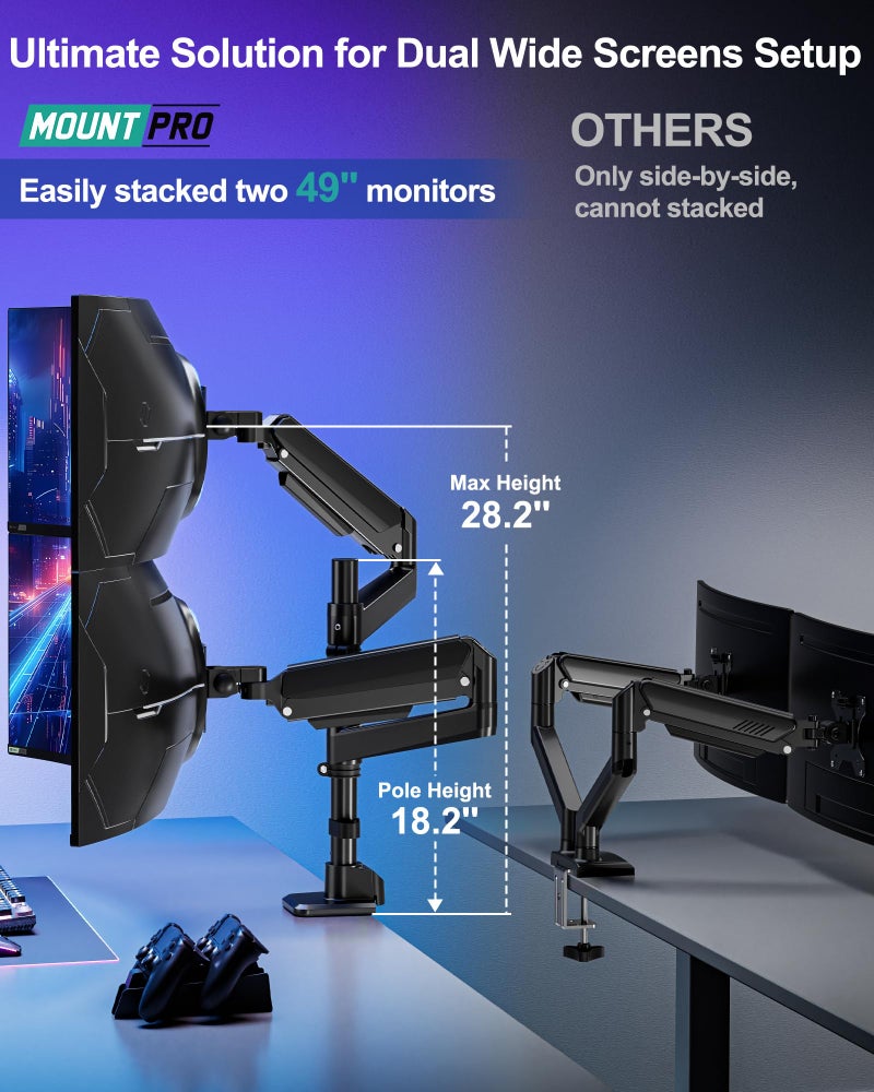 MOUNT PRO Dual Monitor Arm for Max 49" Ultrawide Screens up to 44 lbs, Heavy Duty Extra Tall Monitor Desk Mount, Vertical Stacked Adjustable Dual Monitor Mount, VESA Mount 75x75mm/100x100mm - Image 3