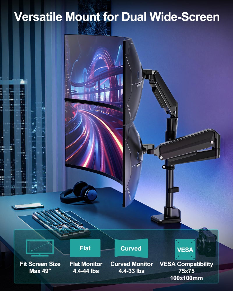 MOUNT PRO Dual Monitor Arm for Max 49" Ultrawide Screens up to 44 lbs, Heavy Duty Extra Tall Monitor Desk Mount, Vertical Stacked Adjustable Dual Monitor Mount, VESA Mount 75x75mm/100x100mm - Image 2