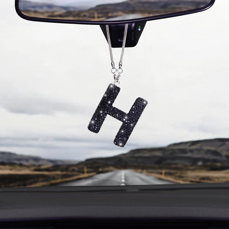 ToBeQueen Black Bling Letter H Charm Diamond Crystal Rhinestone Bling Rear View Mirror Charm Cute Lucky Hanging Ornament Black Bling Car Accessories for WomenBlackH