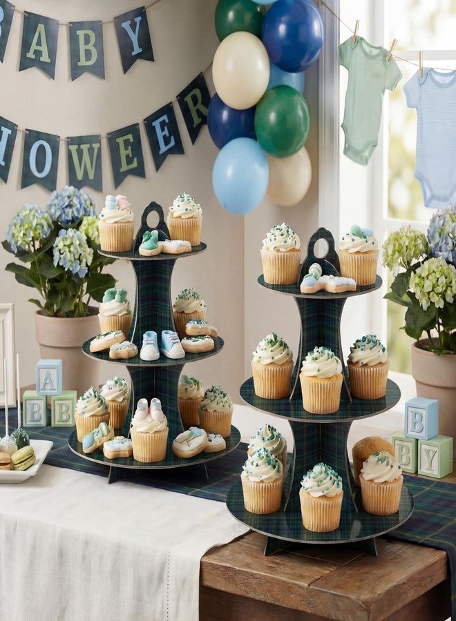 Willinglong 2 Pcs Green Blue Tartan Plaids Decorations 3 Tier Cupcake Display Stand Set Easy Assembly Cake Stand for Baby Shower Birthday Party Dessert Table, Cardboard Cupcake Tower with Handle - Image 4