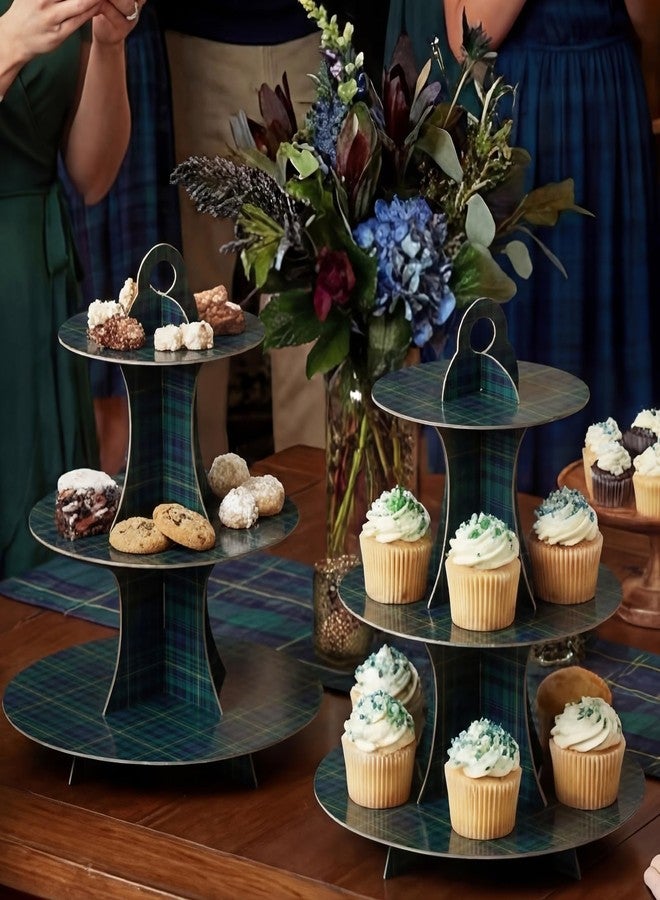 Willinglong 2 Pcs Green Blue Tartan Plaids Decorations 3 Tier Cupcake Display Stand Set Easy Assembly Cake Stand for Baby Shower Birthday Party Dessert Table, Cardboard Cupcake Tower with Handle - Image 5