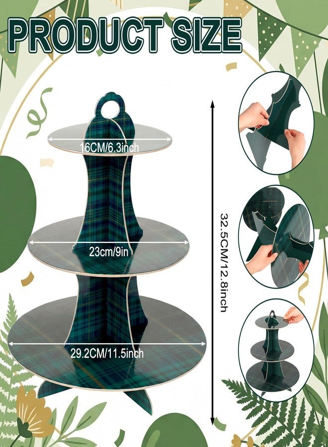Willinglong 2 Pcs Green Blue Tartan Plaids Decorations 3 Tier Cupcake Display Stand Set Easy Assembly Cake Stand for Baby Shower Birthday Party Dessert Table, Cardboard Cupcake Tower with Handle - Image 2