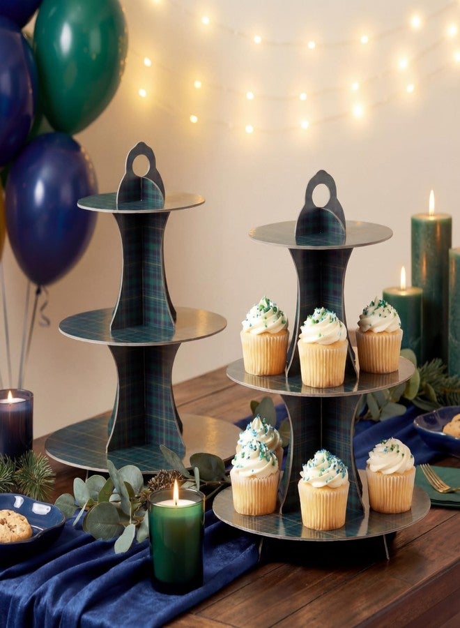 Willinglong 2 Pcs Green Blue Tartan Plaids Decorations 3 Tier Cupcake Display Stand Set Easy Assembly Cake Stand for Baby Shower Birthday Party Dessert Table, Cardboard Cupcake Tower with Handle - Image 1