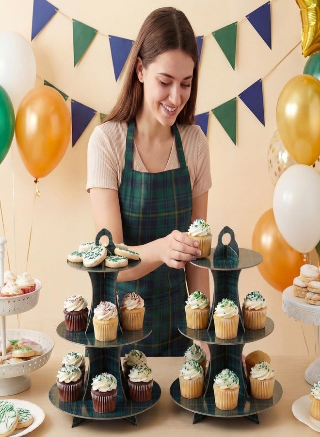 Willinglong 2 Pcs Green Blue Tartan Plaids Decorations 3 Tier Cupcake Display Stand Set Easy Assembly Cake Stand for Baby Shower Birthday Party Dessert Table, Cardboard Cupcake Tower with Handle - Image 3