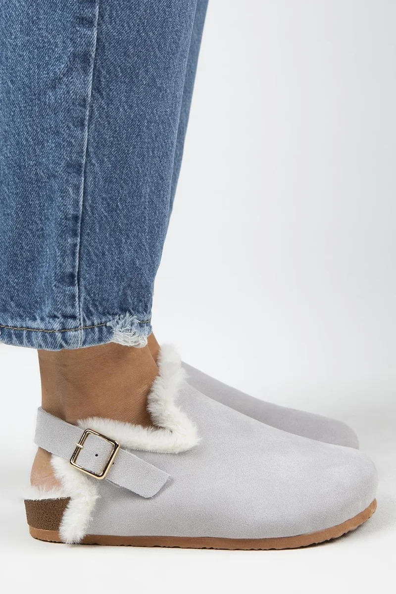 Manijero Manijero Holly Fur-Lined Women's Genuine Leather Fur-Lined Genuine Leather Belted Buckle Grey Suede Sandals