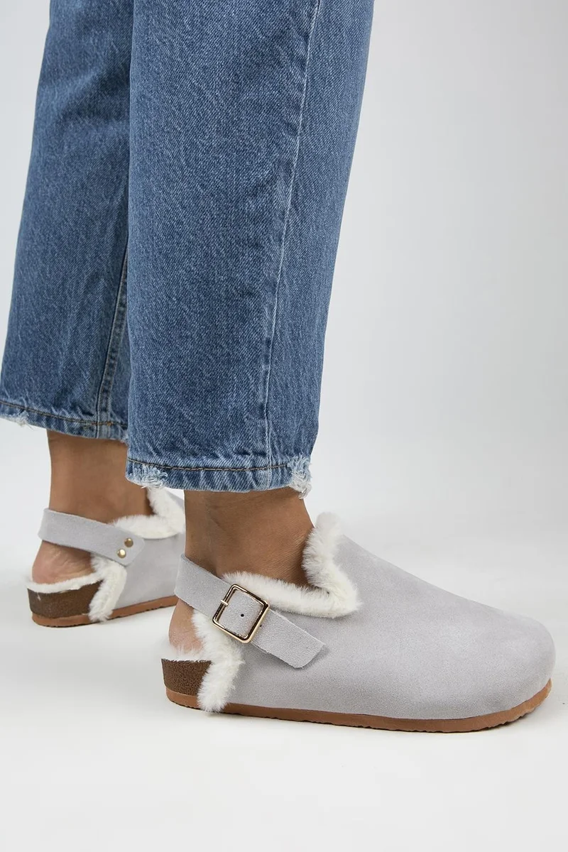 Manijero Manijero Holly Fur-Lined Women's Genuine Leather Fur-Lined Genuine Leather Belted Buckle Grey Suede Sandals
