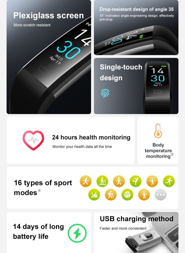 ساعة S5 الذكية الرياضية ، متعددة اللغات المدعومة ، مراقبة معدل ضربات القلب وضغط الدم ، سوار لياقة مقاوم للماء (أسود) - Image 2