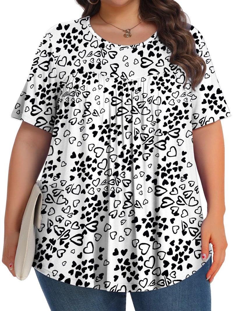 Tencede Womens Plus Size Tops Tunic Short Sleeve Crew Neck Shirts Casual Soft Blouse Lovely Love 4X - Image 3