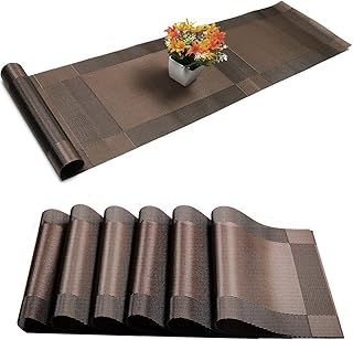 Misuhom Misuhom Placemats Set of 6 + 1 Table Runner, Stain Resistant Washable PVC Table Mats Non-Slip Washable Coffee  - Image 1