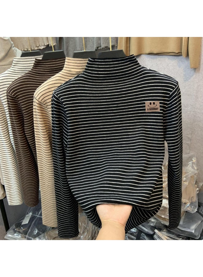 Boys And Girls German Velvet Inner Layering Shirt Autumn And Winter Medium And Large Kidsren's Half Turtleneck Long-sleeved T-shirt Stripesd Cartoon Top