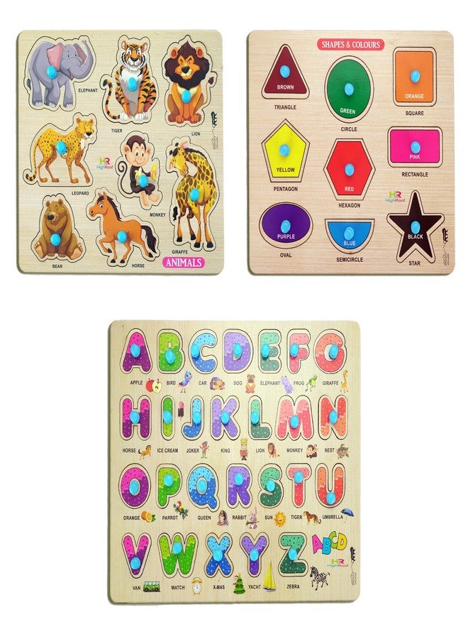 HIGHROOF® Kids Fort Pre Nursery Educational Jigsaw Puzzles for Adults Kids Learning Toys Kit Board Game 3 pcs Set of Animals Alphabets & Shapes & Colours Educational Toy - Image 1