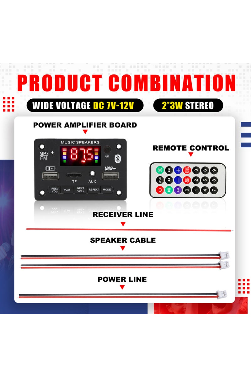مضخم صوت 6 واط 5 فولت - 24 فولت، لوحة فك تشفير MP3، وحدة صوت لاسلكية بلوتوث 5.0، شاشة ملونة كبيرة للمكالمات