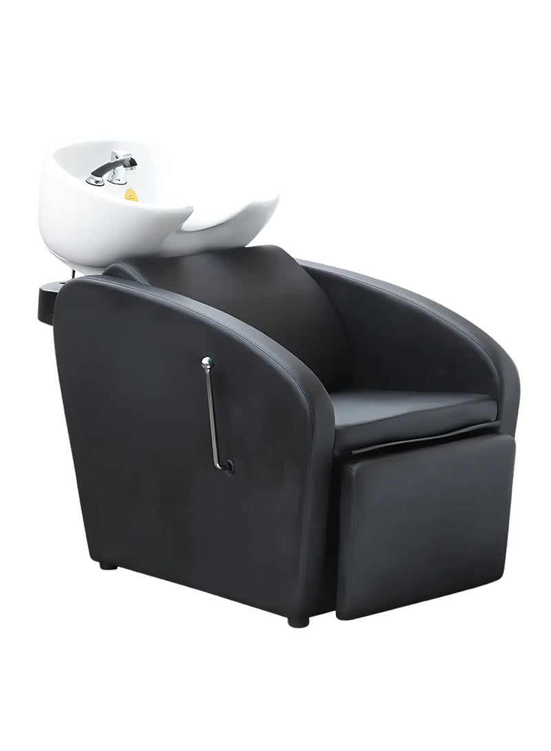 فينتاج وحدة غسيل شعر كلاسيكية لصالون التجميل، حوض سيراميك مائل مع وعاء قابل للتعديل ومسند رقبة جل مريح (أسود أبيض رخامي) - Image 1