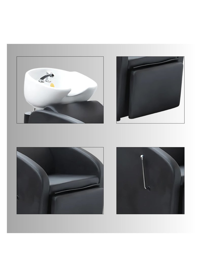 فينتاج وحدة غسيل شعر كلاسيكية لصالون التجميل، حوض سيراميك مائل مع وعاء قابل للتعديل ومسند رقبة جل مريح (أسود أبيض رخامي) - Image 2