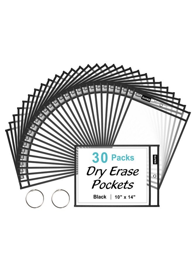 SUNEE 30 Packs Oversized Reusable Dry Erase Pocket Sleeves With 2 Rings Black 10X14 Ticket Holders Clear Plastic Sheet Protectors Teacher School Classroom Supplies - Image 1