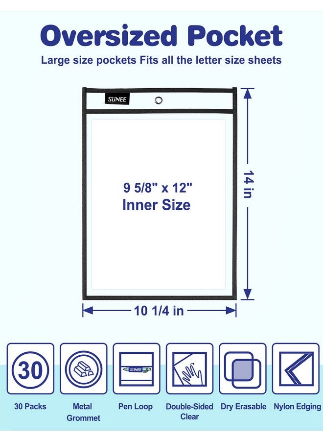 SUNEE 30 Packs Oversized Reusable Dry Erase Pocket Sleeves With 2 Rings Black 10X14 Ticket Holders Clear Plastic Sheet Protectors Teacher School Classroom Supplies - Image 2