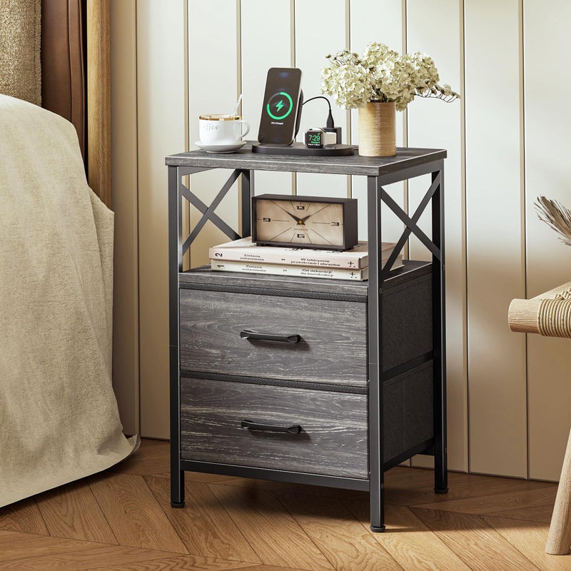 Huuger Nightstands Set of 2, Night Stand with Charger Station, 2 Drawer Side Table with Open Shelf, USB-C Port, End Table for Small Spaces, X Shaped Side Rail, Charcoal Black - Image 2
