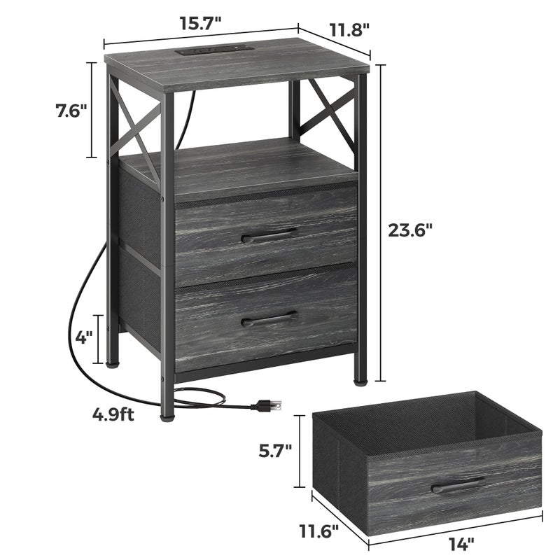 Huuger Nightstands Set of 2, Night Stand with Charger Station, 2 Drawer Side Table with Open Shelf, USB-C Port, End Table for Small Spaces, X Shaped Side Rail, Charcoal Black - Image 3