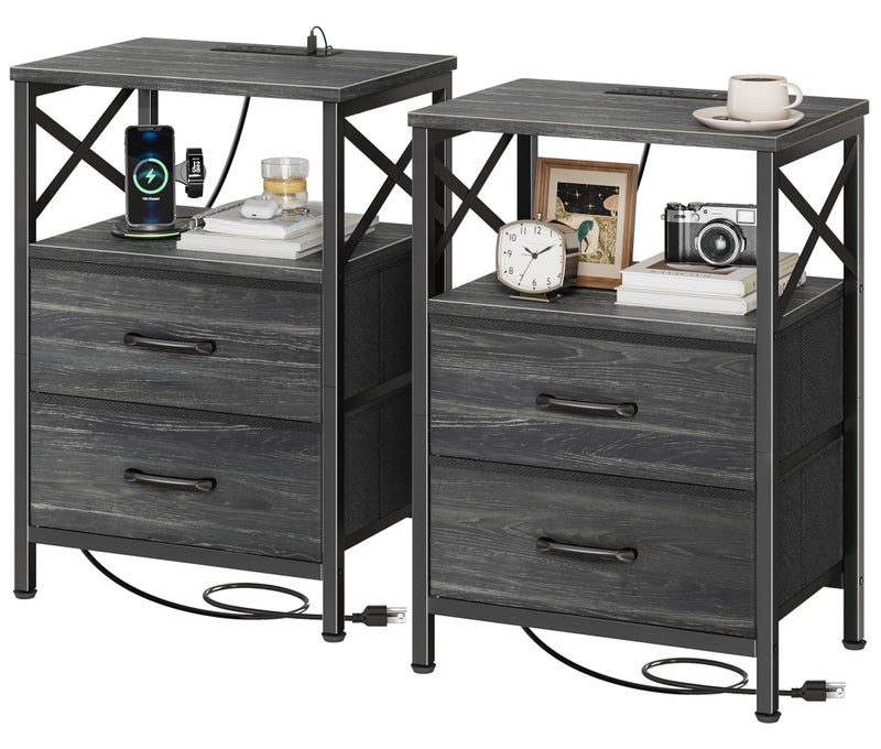 Huuger Nightstands Set of 2, Night Stand with Charger Station, 2 Drawer Side Table with Open Shelf, USB-C Port, End Table for Small Spaces, X Shaped Side Rail, Charcoal Black - Image 1