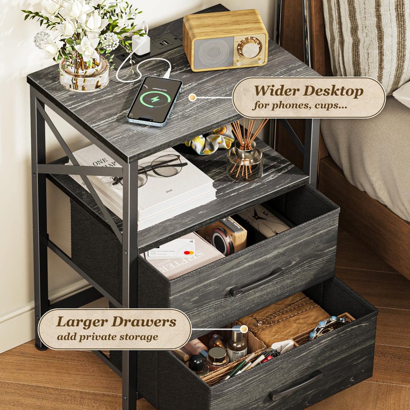 Huuger Nightstands Set of 2, Night Stand with Charger Station, 2 Drawer Side Table with Open Shelf, USB-C Port, End Table for Small Spaces, X Shaped Side Rail, Charcoal Black - Image 5