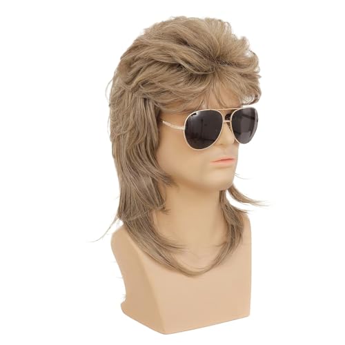 Swiking Mens Mullet Wig Light Brown Retro 70s 80s Disco Rocker Curly Punk Fancy Party Halloween Cosplay Costume Wigs (Light Brown) - Image 4