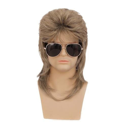 Swiking Mens Mullet Wig Light Brown Retro 70s 80s Disco Rocker Curly Punk Fancy Party Halloween Cosplay Costume Wigs (Light Brown) - Image 2